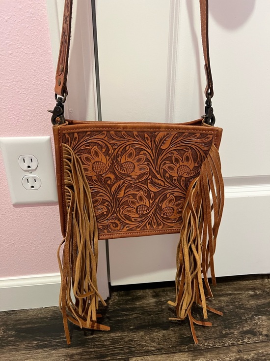 American Darling Handbags - American Darling Tooled Floral Leather Fringe Crossbody - Tan/Brown
